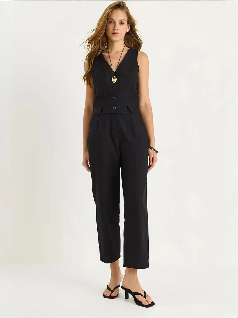 LUCCI V-Neck Cotton Two-Piece Set with Wide Leg Pants