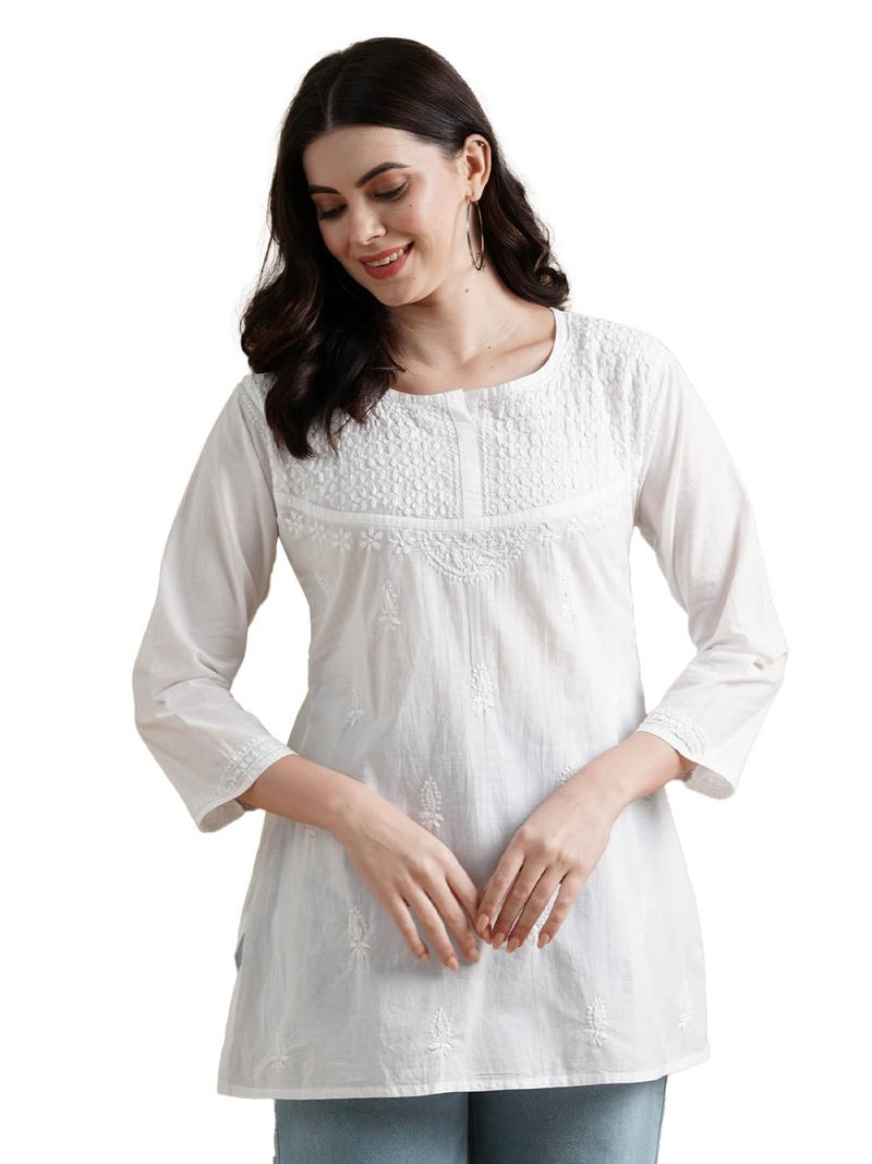 Ada Women's Hand Embroidered Lucknow Chikan Regular Fit Cotton Short Kurti A296140 (White, S) - Image 1