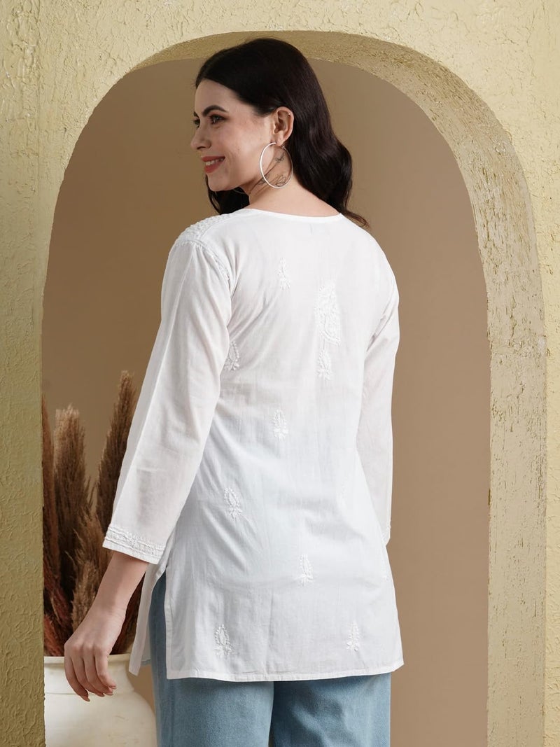 Ada Women's Hand Embroidered Lucknow Chikan Regular Fit Cotton Short Kurti A296140 (White, S) - Image 2