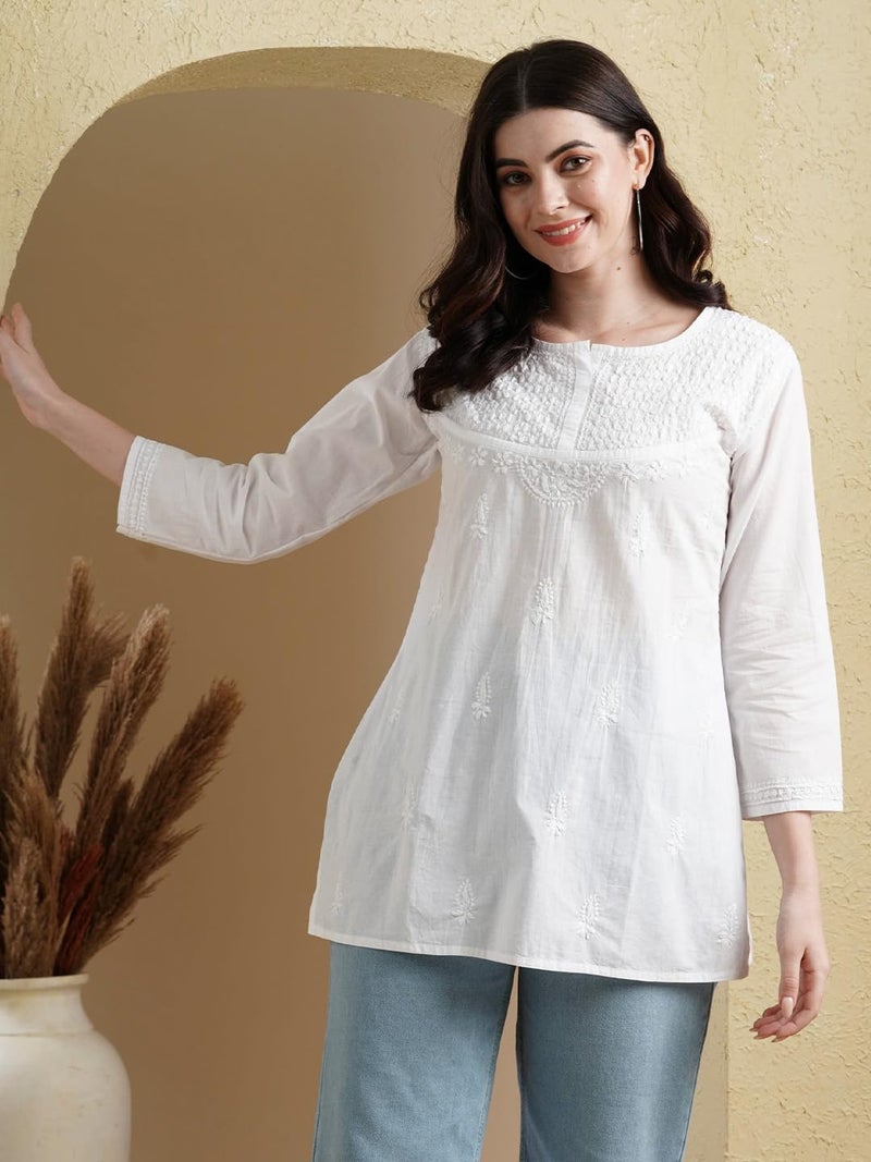 Ada Women's Hand Embroidered Lucknow Chikan Regular Fit Cotton Short Kurti A296140 (White, S) - Image 5