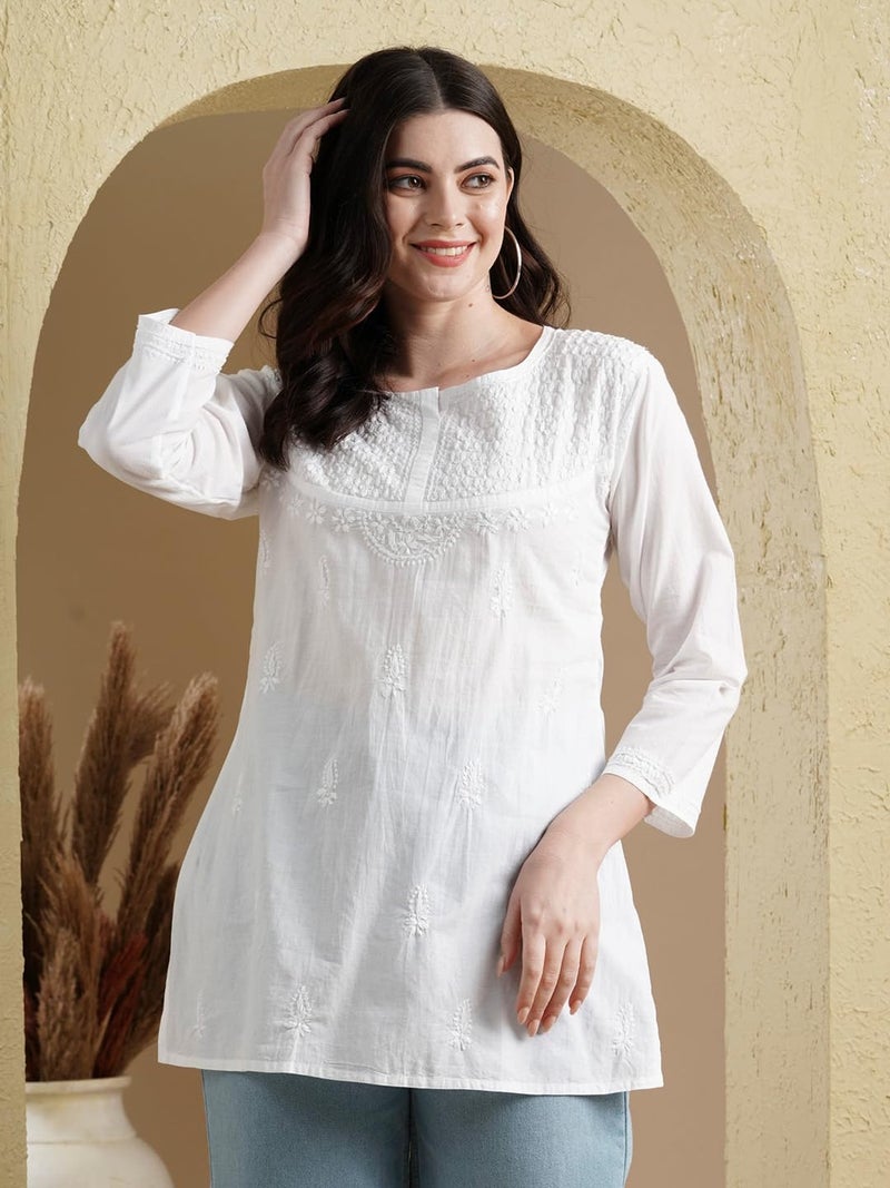 Ada Women's Hand Embroidered Lucknow Chikan Regular Fit Cotton Short Kurti A296140 (White, S) - Image 4