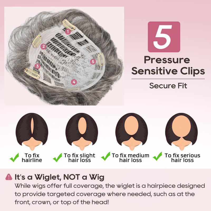 REECHO Hair Topper, Short Wiglet Hair Topper for Women with Thinning Large Coverage Synthetic Top Crown Hairpiece for Women - Grey - Image 4