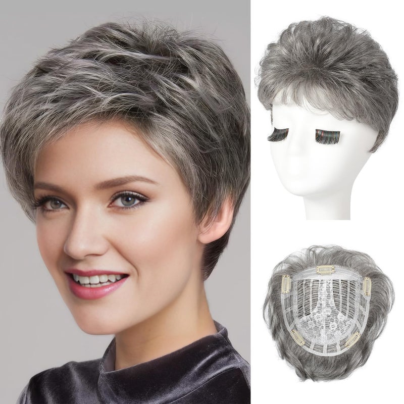 REECHO Hair Topper, Short Wiglet Hair Topper for Women with Thinning Large Coverage Synthetic Top Crown Hairpiece for Women - Grey - Image 1