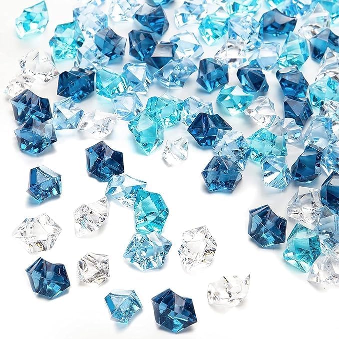 EesTeck 80 Pieces Decorative Acrylic Ice Gems, Mixed Blue and Clear Crystal Stones, 17 * 23 mm Geometric Shapes Fake Acrylic Ice Rocks, Artificial Crushed Ice Acrylic Vase Fillers Party Table Scatter - Image 1