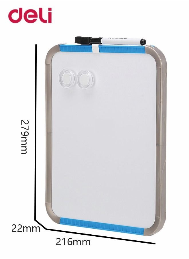 Deli - Magnetic Dry Erase White Board with Plastic Frame and Marker and 2 Magnetic Nail Size 279*216mm Suitable for Kids Student Blue - Image 1