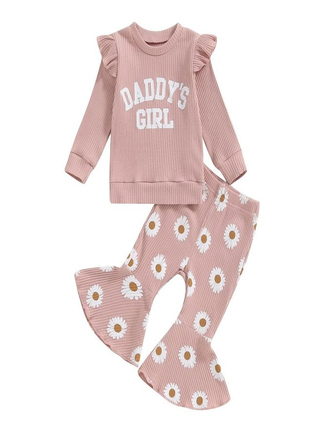 Brvxia Newborn Baby Girl Outfits Fall Daddys Girls Long Sleeve Pullover Sweatshirt Flared Pants Set 6 12 18 24 Months (Pink, 0-6 Months) - Image 1