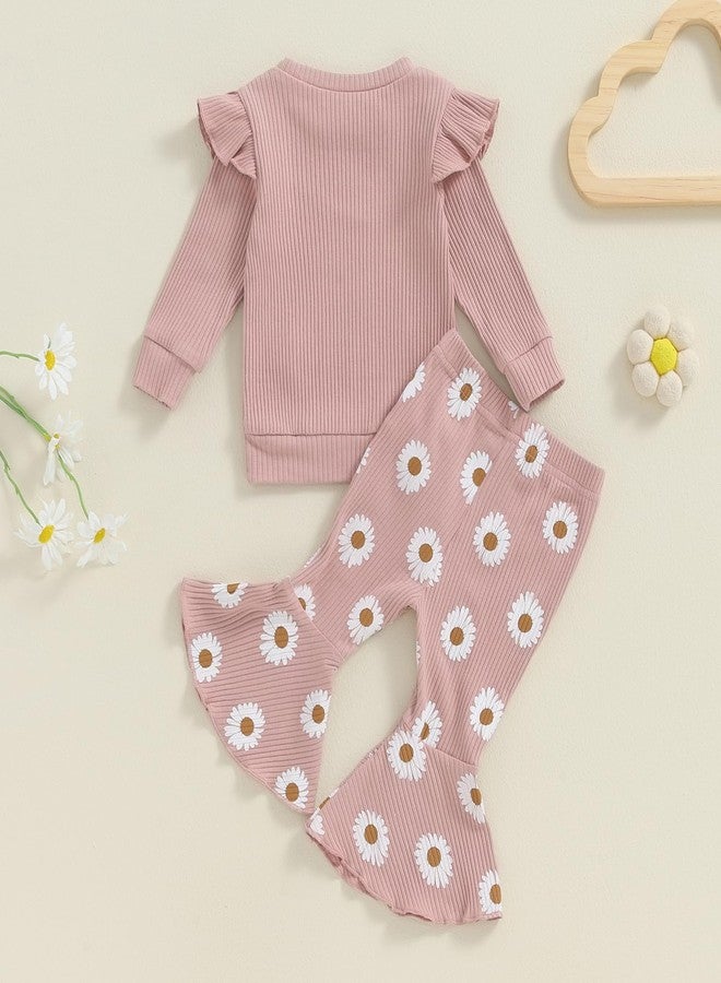 Brvxia Newborn Baby Girl Outfits Fall Daddys Girls Long Sleeve Pullover Sweatshirt Flared Pants Set 6 12 18 24 Months (Pink, 0-6 Months) - Image 2