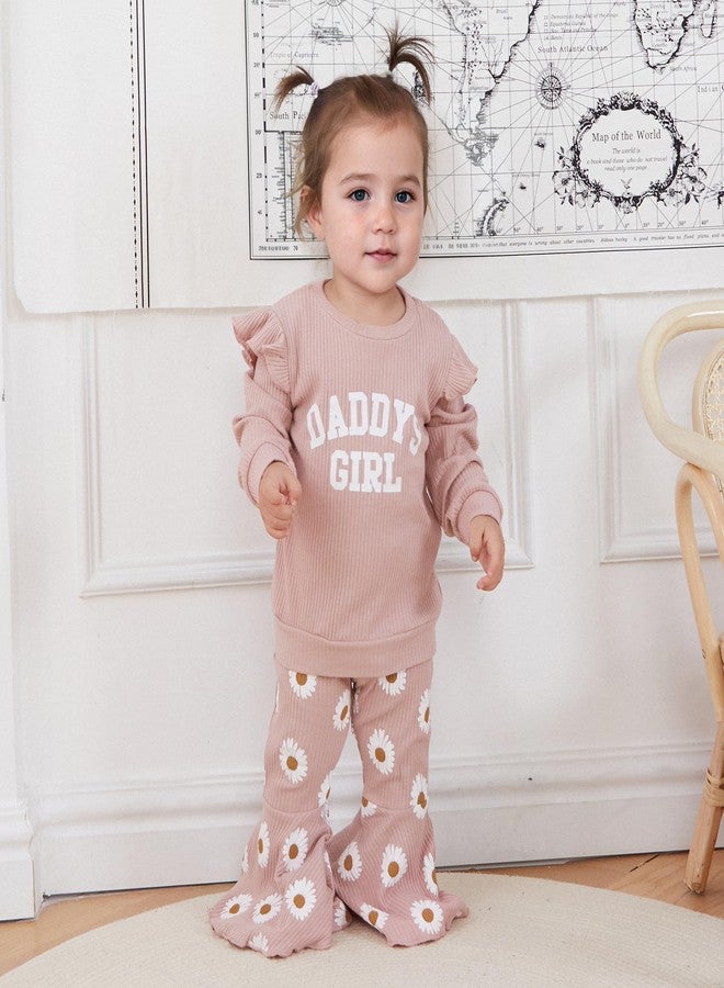 Brvxia Newborn Baby Girl Outfits Fall Daddys Girls Long Sleeve Pullover Sweatshirt Flared Pants Set 6 12 18 24 Months (Pink, 0-6 Months) - Image 3