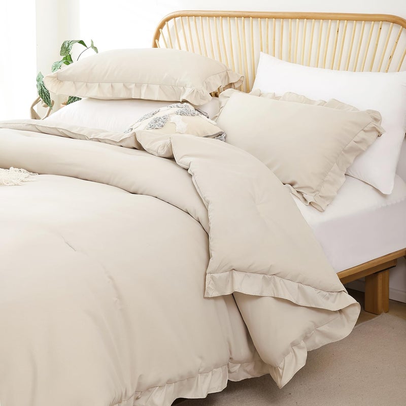 JANZAA Twin Comforter Set Beige Ruffle Comforter with 1 Pillowcase Soft Twin Size Bed Set Vintage Farmhouse Bed Comforter Set Fluffy Shabby Chic Bedding for All Season - Image 2