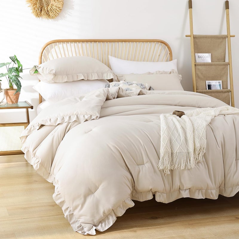 JANZAA Twin Comforter Set Beige Ruffle Comforter with 1 Pillowcase Soft Twin Size Bed Set Vintage Farmhouse Bed Comforter Set Fluffy Shabby Chic Bedding for All Season - Image 5