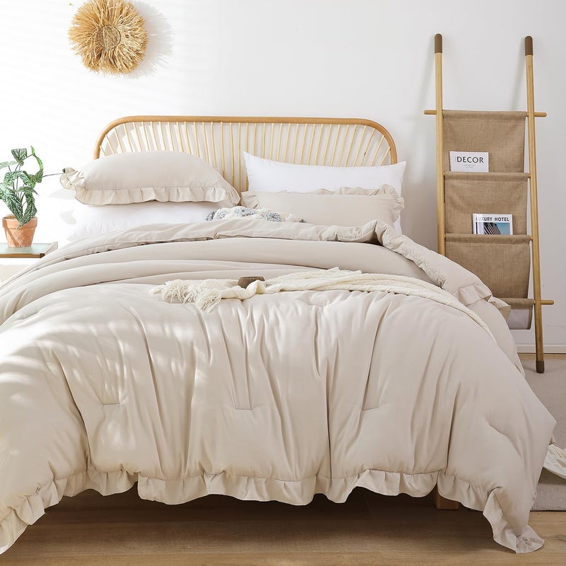 JANZAA Twin Comforter Set Beige Ruffle Comforter with 1 Pillowcase Soft Twin Size Bed Set Vintage Farmhouse Bed Comforter Set Fluffy Shabby Chic Bedding for All Season - Image 1