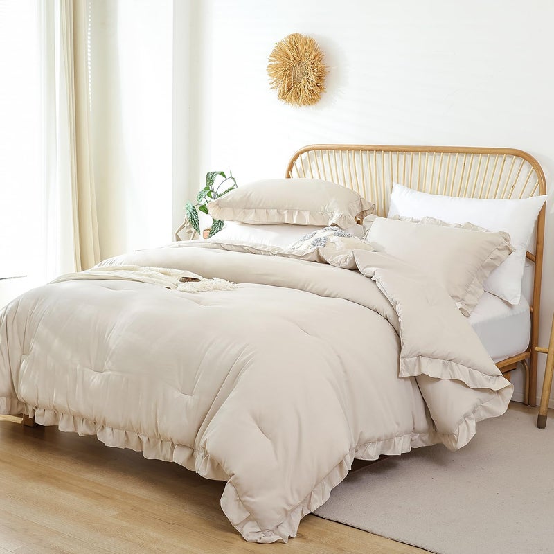 JANZAA Twin Comforter Set Beige Ruffle Comforter with 1 Pillowcase Soft Twin Size Bed Set Vintage Farmhouse Bed Comforter Set Fluffy Shabby Chic Bedding for All Season - Image 3