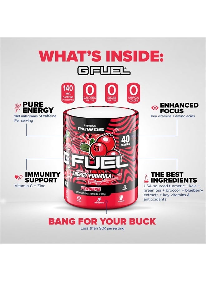 G Fuel مسحوق الطاقة PewDiePie، خالٍ من السكر، مكمل غذائي مركّز بالكافيين النظيف، مزيج من الماء، نكهة التوت البري، تركيز الأحماض الأمينية، مزيج من الفيتامينات ومضادات الأكسدة - 9.8 أونصة (40 وجبة) - Image 5
