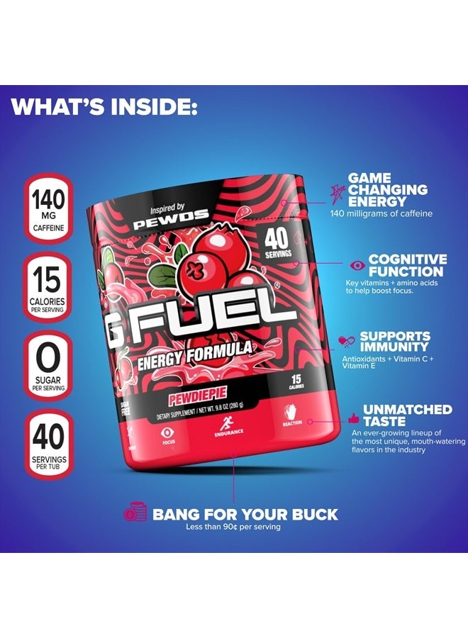 G Fuel مسحوق الطاقة PewDiePie، خالٍ من السكر، مكمل غذائي مركّز بالكافيين النظيف، مزيج من الماء، نكهة التوت البري، تركيز الأحماض الأمينية، مزيج من الفيتامينات ومضادات الأكسدة - 9.8 أونصة (40 وجبة) - Image 4