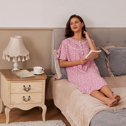 Keyocean Women Nightgowns, Soft Comfy Cotton Lightweight Elegant Short Sleeves Ladies Nightdress for Summer, Love Heart on Prism Pink Medium (M) - Image 3