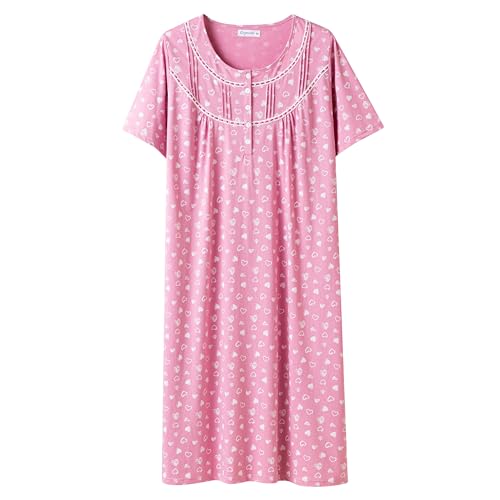 Keyocean Women Nightgowns, Soft Comfy Cotton Lightweight Elegant Short Sleeves Ladies Nightdress for Summer, Love Heart on Prism Pink Medium (M) - Image 1