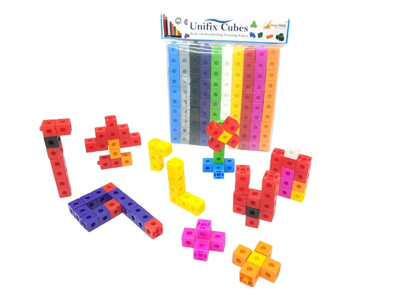 StepsToDo 100 Unifix Linking Math Cubes – 2CM Snap Counting Cubes in 10 Colors – Interlocking Math Manipulatives for Kids with Activity Booklet – Perfect for Counting, Sorting & Early Math Skills - Image 1