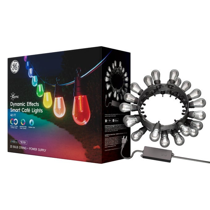 GE DYNAMIC EFFECTS SMART CAFE LIGHTS COLOR CHANGING PATIO STRING LIGHTS COMPATIBLE WITH ALEXA AND GOOGLE 48FT