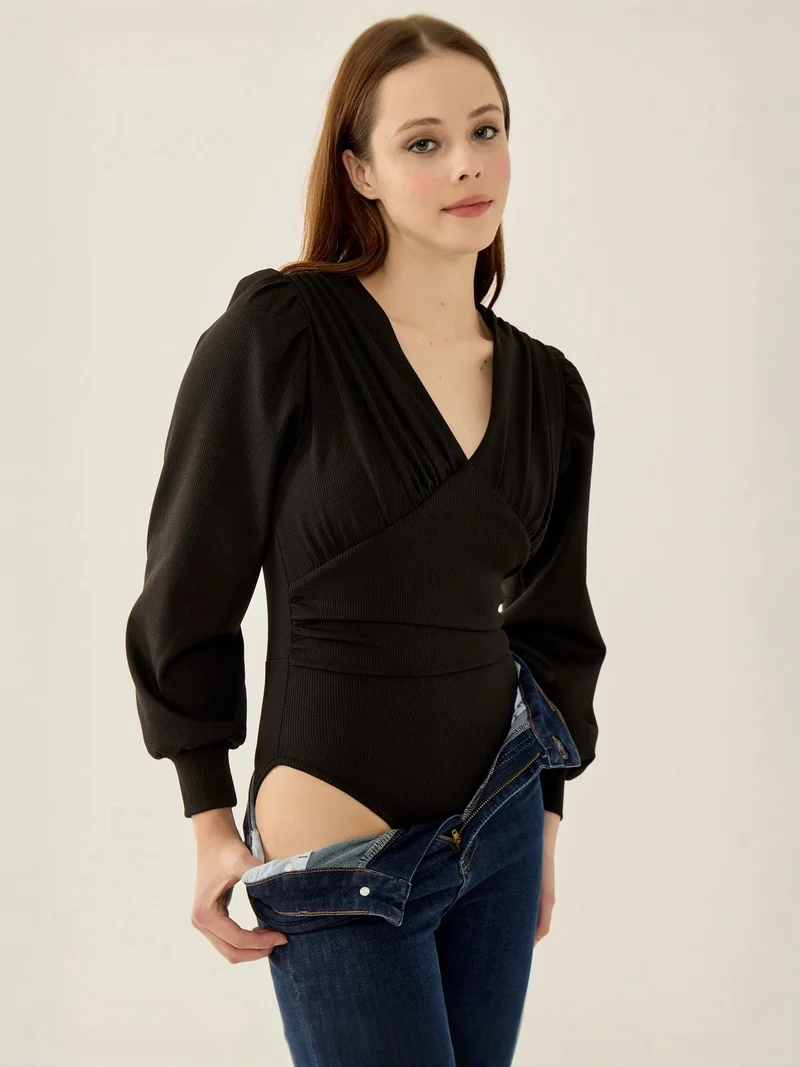 HICCUP Slim Fit V-Neck Balloon Sleeve Bodysuit