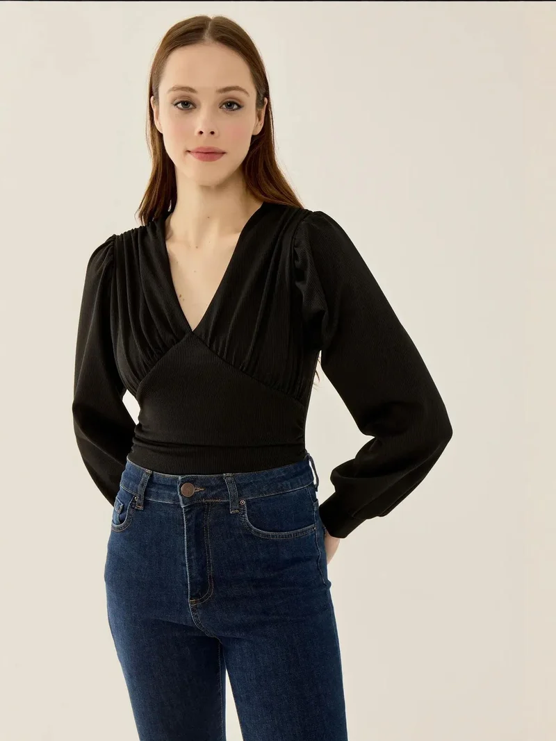 HICCUP Slim Fit V-Neck Balloon Sleeve Bodysuit