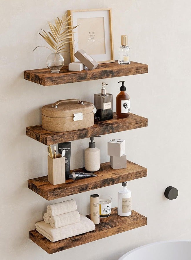 CozyNest Set of 4 brown Rustic Floating Wall Shelves with Metal Brackets, Wood Wall-Mounted Storage for Bathroom, Bedroom, Kitchen, or Living Room Decor - Image 4