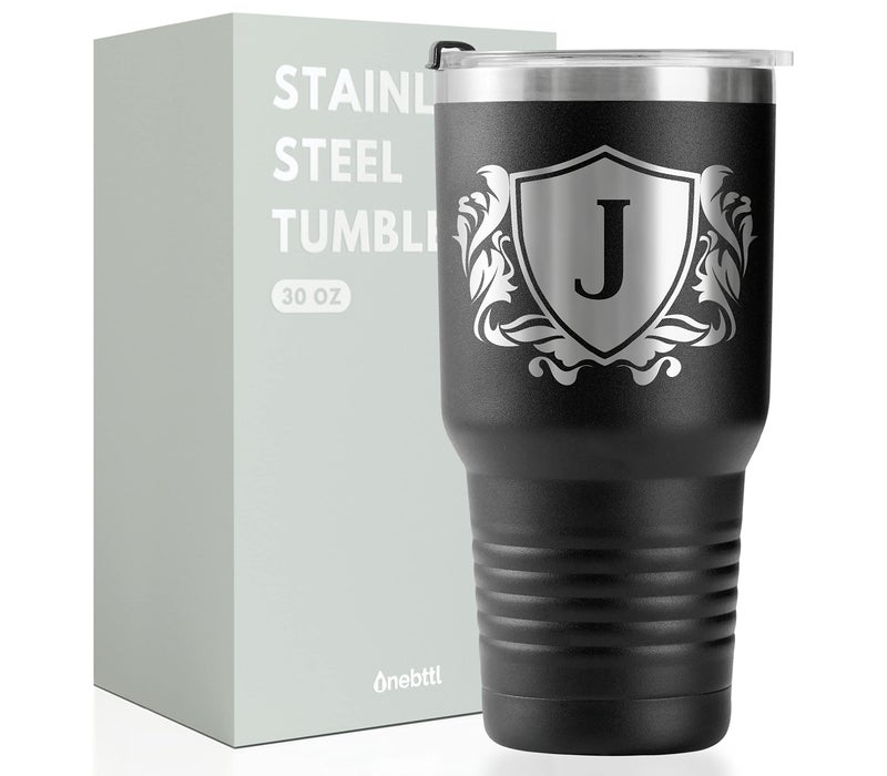 Onebttl Personalized Gifts for Men with Initials Monogrammed Travel Tumbler for Him Custom Coffee Cups Unique Birthday Christmas Gifts for Men who Have Everything Black 30oz J
