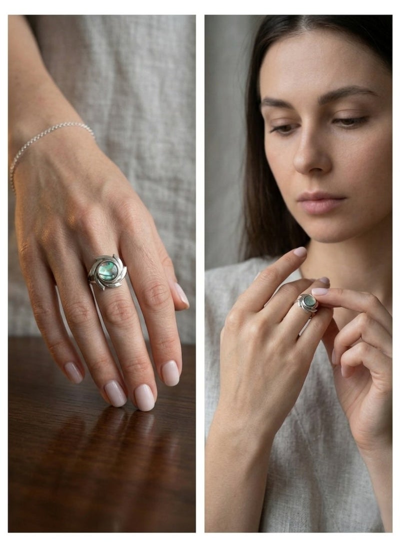 Kanira Premium 925 Sterling Silver Textured Wide Band Ring with Abalone Shell | Vintage Ribbed Statement Ring for Women | KANIRA | Size 7 - Image 1