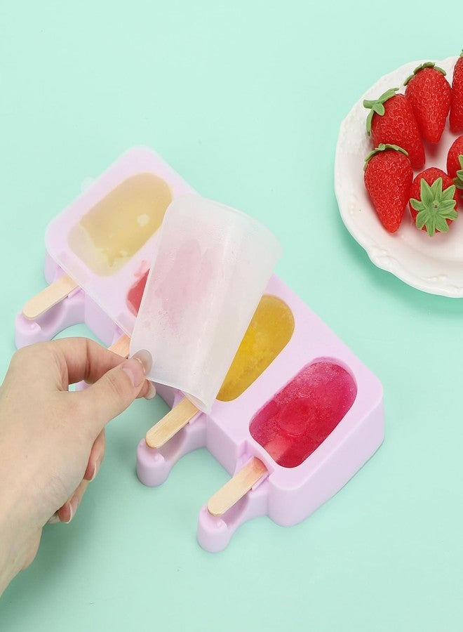 بي تي واي ام اس مجموعة من 3 قوالب مصاصات صغيرة بنفسجية اللون مع أغطية و100 قطعة من أعواد المصاصات الخشبية، وقوالب آيس كريم سيليكون بأربعة تجاويف لصنع كيك بوبس، وكيك بوبس، وآيس كريم - خالية من مادة BPA - Image 5