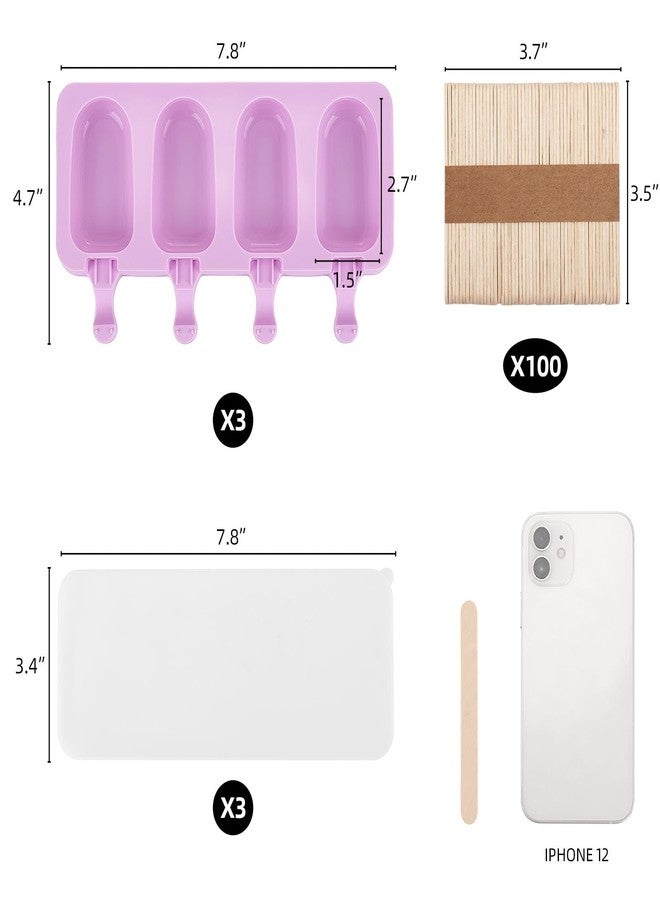 بي تي واي ام اس مجموعة من 3 قوالب مصاصات صغيرة بنفسجية اللون مع أغطية و100 قطعة من أعواد المصاصات الخشبية، وقوالب آيس كريم سيليكون بأربعة تجاويف لصنع كيك بوبس، وكيك بوبس، وآيس كريم - خالية من مادة BPA - Image 2