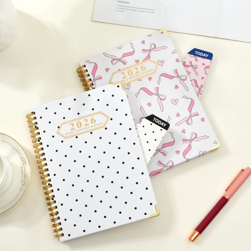 Knagsfa 2026 Monthly Planner, Jan.2026 - Dec.2026 Weekly Planner 6.25"x8.5" with Page Tabs, Calendar Hardcover with Inner Pocket, Elastic Band, Twin-Wire Binding, Bookmark, Black White Polka Dots - Image 2
