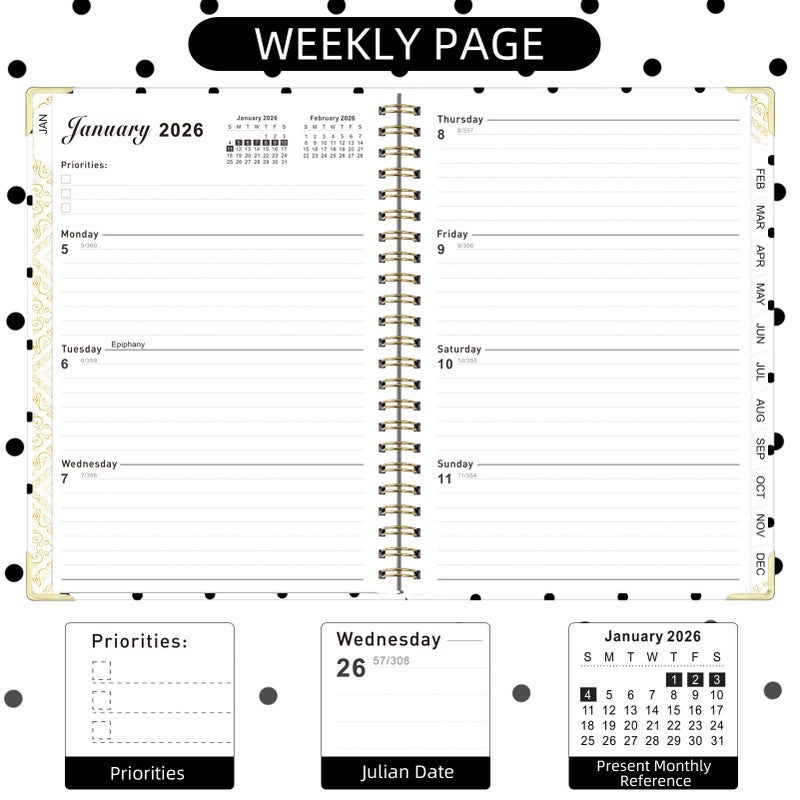 Knagsfa 2026 Monthly Planner, Jan.2026 - Dec.2026 Weekly Planner 6.25"x8.5" with Page Tabs, Calendar Hardcover with Inner Pocket, Elastic Band, Twin-Wire Binding, Bookmark, Black White Polka Dots - Image 4