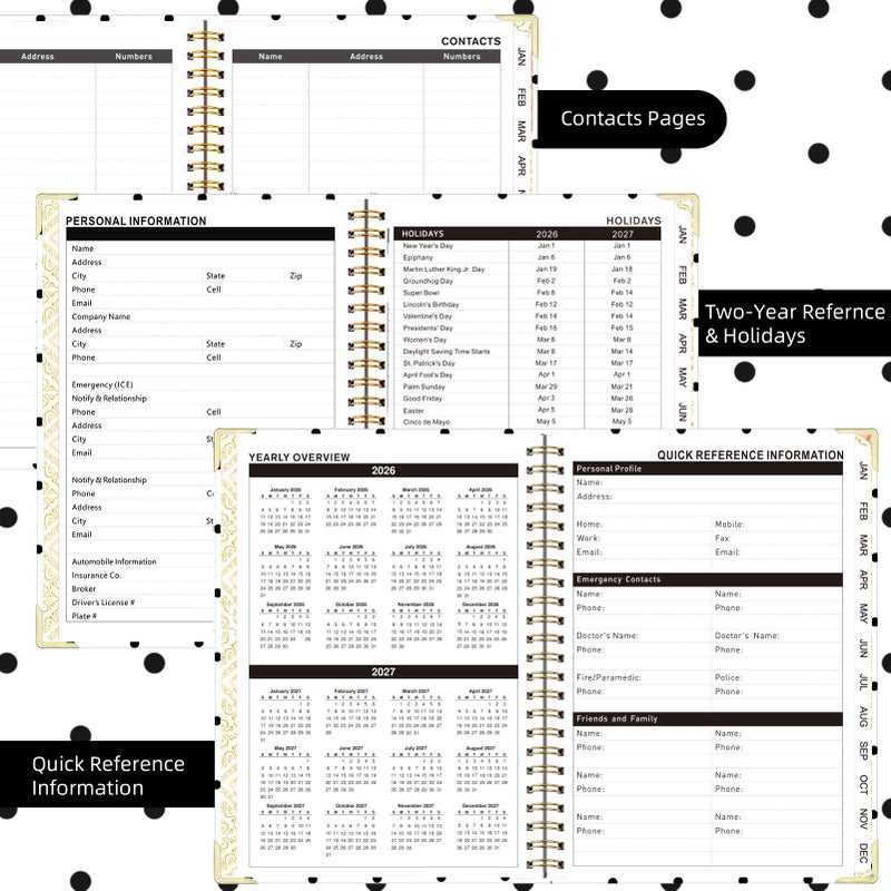 Knagsfa 2026 Monthly Planner, Jan.2026 - Dec.2026 Weekly Planner 6.25"x8.5" with Page Tabs, Calendar Hardcover with Inner Pocket, Elastic Band, Twin-Wire Binding, Bookmark, Black White Polka Dots - Image 5