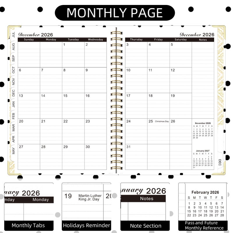 Knagsfa 2026 Monthly Planner, Jan.2026 - Dec.2026 Weekly Planner 6.25"x8.5" with Page Tabs, Calendar Hardcover with Inner Pocket, Elastic Band, Twin-Wire Binding, Bookmark, Black White Polka Dots - Image 3