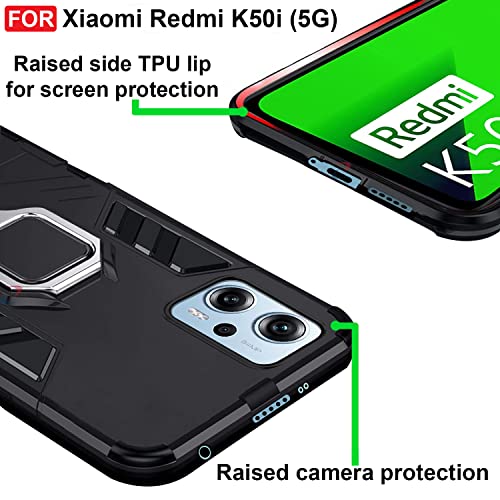 CEDO Kickstand Cover for Redmi K50i (5G) Rugged Case | Built-in Stand Rotating Ring Holder | Military Grade Armor Bumper Back Cover (Black) - Image 4