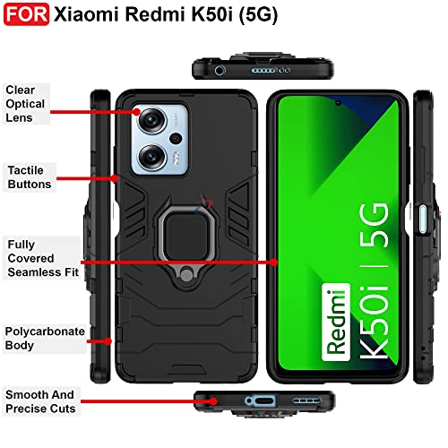 CEDO Kickstand Cover for Redmi K50i (5G) Rugged Case | Built-in Stand Rotating Ring Holder | Military Grade Armor Bumper Back Cover (Black) - Image 3