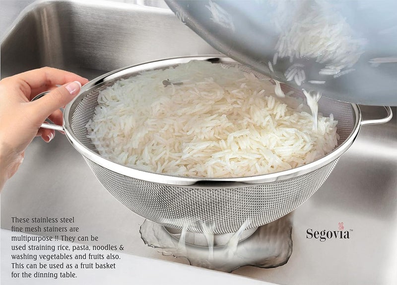 SEGOVIA Food Grade Stainless Steel Multipurpose Puran Jali Chalni Mesh Strainer Colander Strainer for Washing Rice Pasta Small Grains Vegetables Fruits Capacity 3000ml 1Pc 26CM - Image 5