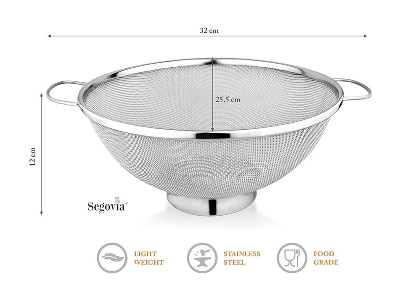 SEGOVIA Food Grade Stainless Steel Multipurpose Puran Jali Chalni Mesh Strainer Colander Strainer for Washing Rice Pasta Small Grains Vegetables Fruits Capacity 3000ml 1Pc 26CM - Image 2