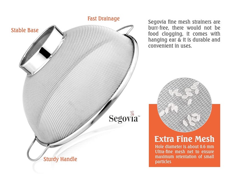 SEGOVIA Food Grade Stainless Steel Multipurpose Puran Jali Chalni Mesh Strainer Colander Strainer for Washing Rice Pasta Small Grains Vegetables Fruits Capacity 3000ml 1Pc 26CM - Image 3