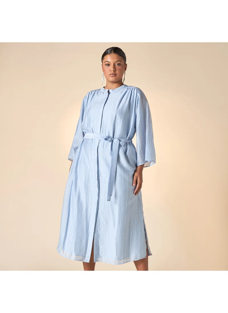 Ulla Popken Plus Size Ulla Popken All-Over Embellished Shirt Dress with Mandarin Collar