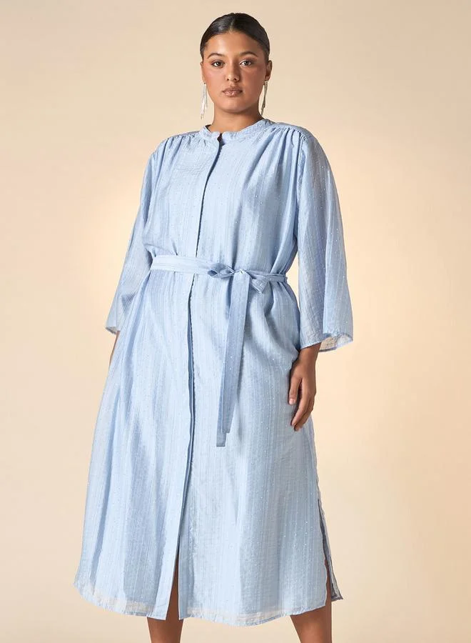 Ulla Popken Plus Size Ulla Popken All-Over Embellished Shirt Dress with Mandarin Collar