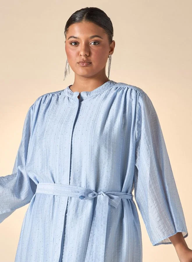 Ulla Popken Plus Size Ulla Popken All-Over Embellished Shirt Dress with Mandarin Collar