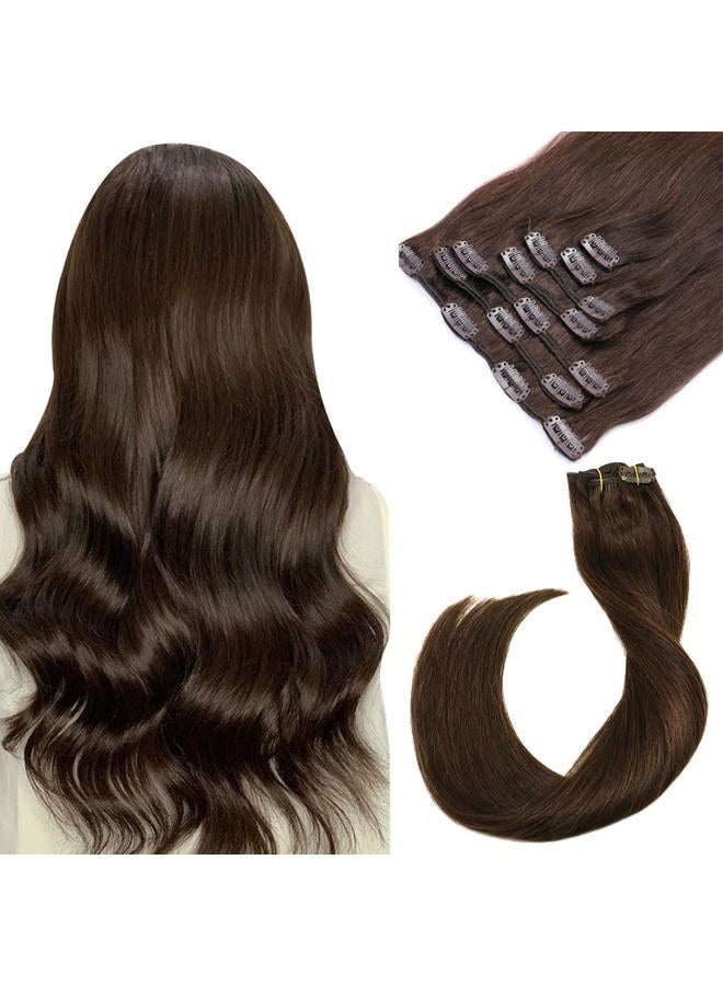 Ubetta Clip in Hair Extensions, Human Hair Dark Brown Remy Hair Extensions Clip on 7 Pieces 70Gram Silky Straight Double Weft Long Real Hair Extensions Clip ins 22Inch 2 Sets Full Head for Women - Image 1