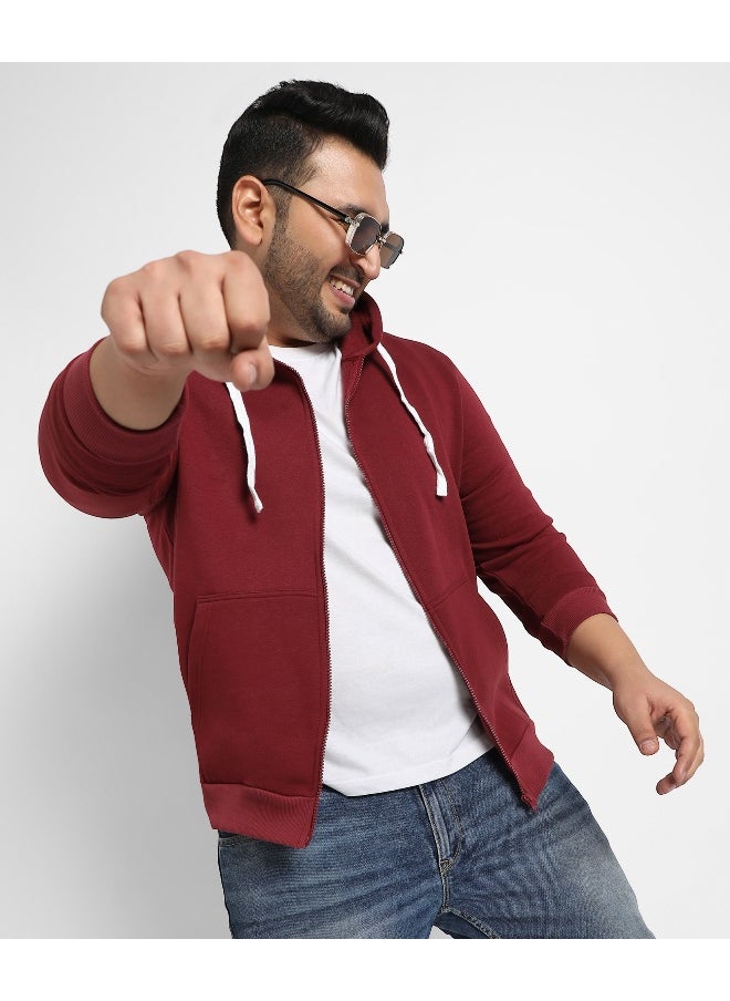 Instafab Plus - Instafab Plus Men's Maroon Red Zip-Front Hoodie With Contrast Drawstring - Image 1