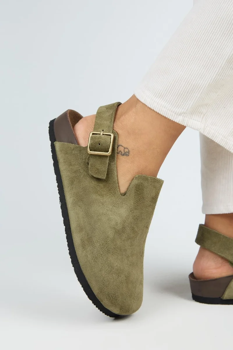 Manijero Manijero Holly 2 Women's Genuine Leather Clogs with Buckle and Belt, Khaki Sandals