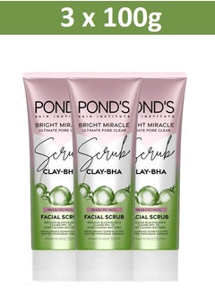 Pond's Bright Miracle Ultimate Pore Clear Scrub CLAY-BHA Niasorcinol Facial Scrub Reduces Blackheads & Clears 99% Of Acne-causing Bacteria 100g X 3  - Image 1