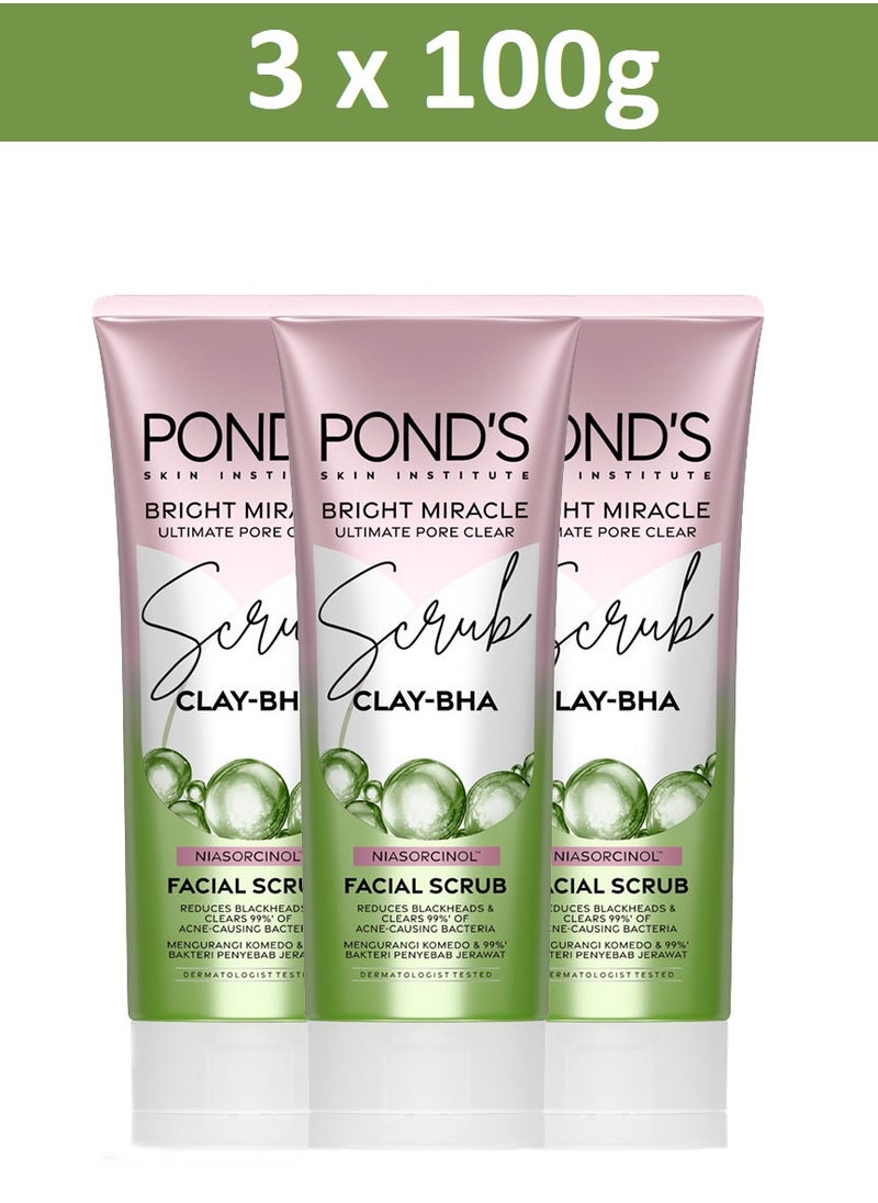 Pond's Bright Miracle Ultimate Pore Clear Scrub CLAY-BHA Niasorcinol Facial Scrub Reduces Blackheads & Clears 99% Of Acne-causing Bacteria 100g X 3  - Image 1