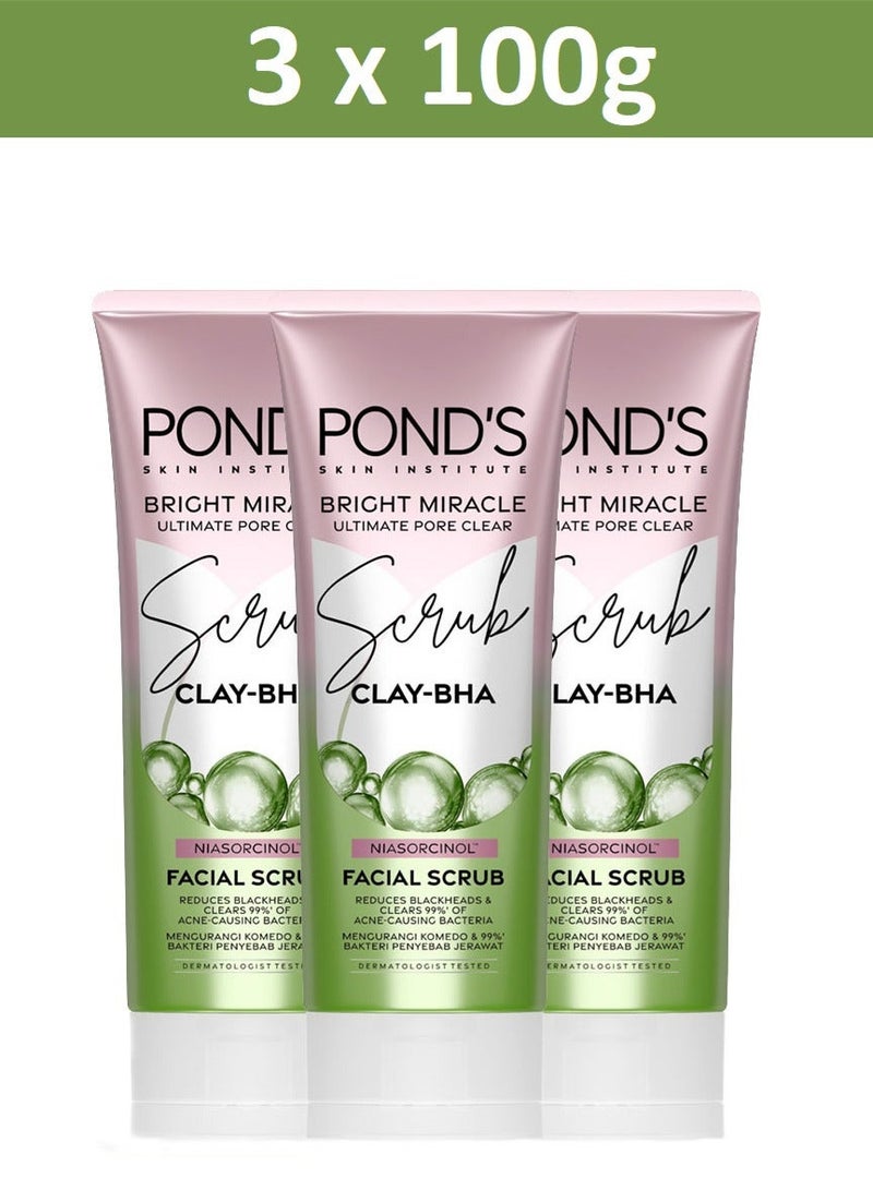 Pond's Bright Miracle Ultimate Pore Clear Scrub CLAY-BHA Niasorcinol Facial Scrub Reduces Blackheads & Clears 99% Of Acne-causing Bacteria 100g X 3 - Image 2