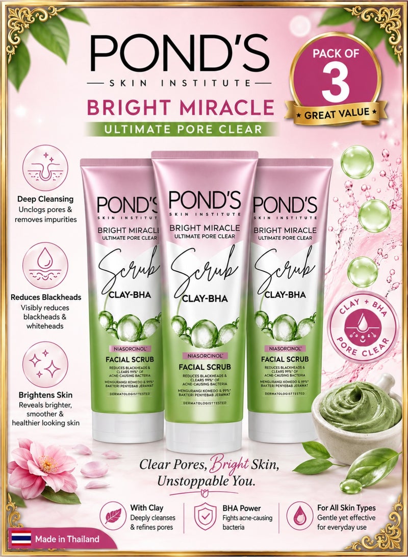 Pond's Bright Miracle Ultimate Pore Clear Scrub CLAY-BHA Niasorcinol Facial Scrub Reduces Blackheads & Clears 99% Of Acne-causing Bacteria 100g X 3 - Image 1