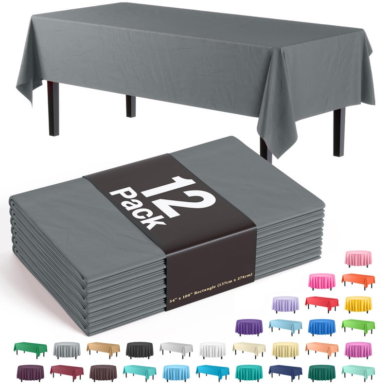 Exquisite 12Pack Premium Plastic Tablecloth 54 Inch x 108 Inch Rectangle Table Cover  Silver