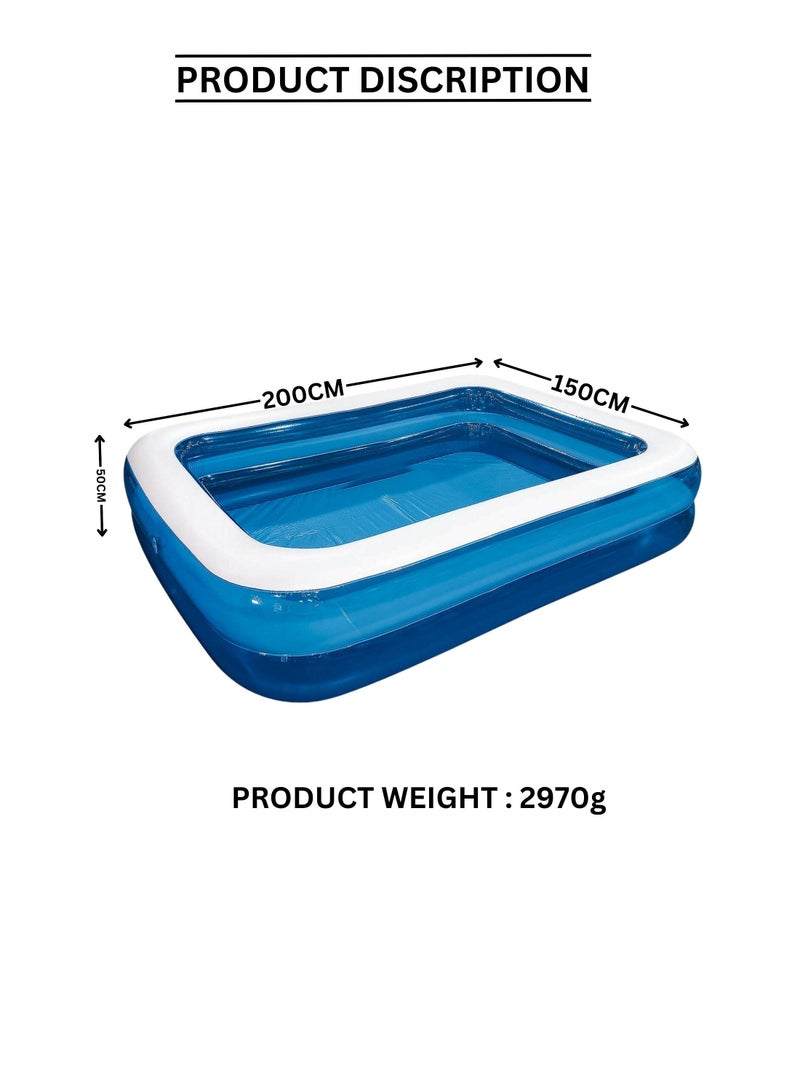 Giant Inflatable Kiddie Pool, Family and Kids Inflatable Rectangular Pool 2 meter Long (200 X 150 X 50)CM,Family Lounging Pool.